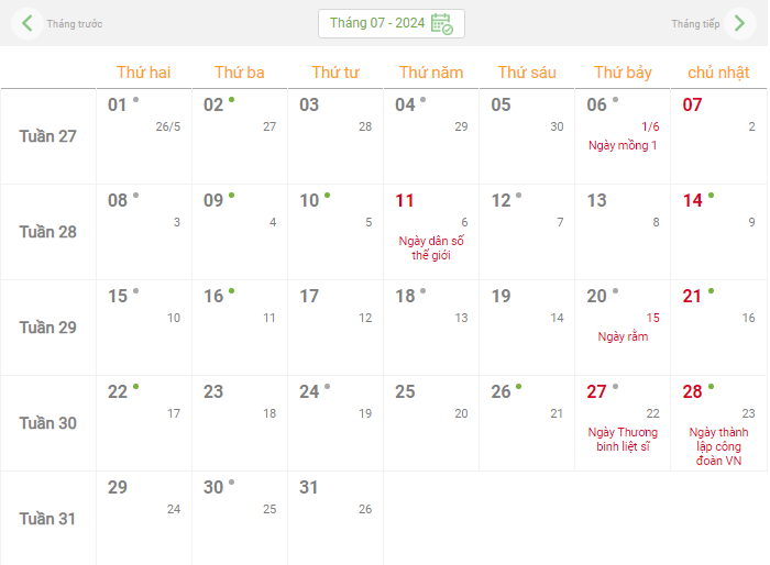 Lịch âm hôm nay - Lịch âm lịch, lịch dương lịch năm 2024