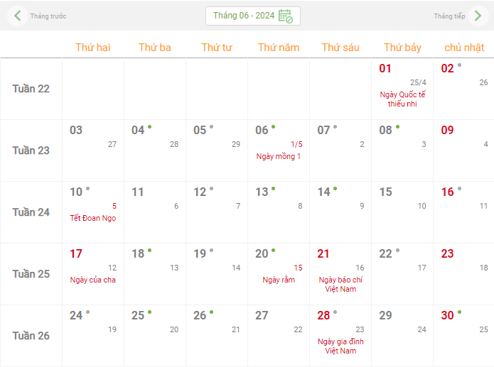 Lịch âm hôm nay - Lịch âm lịch, lịch dương lịch năm 2024