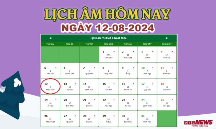 Lịch âm 12/8 - Âm lịch hôm nay 12/8 chính xác nhất - lịch vạn niên 12/8/2024