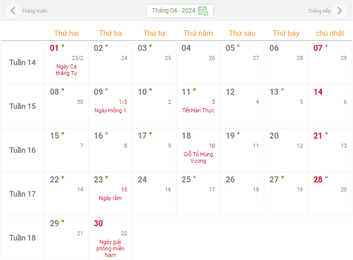 Lịch âm hôm nay - Lịch âm lịch, lịch dương lịch năm 2024