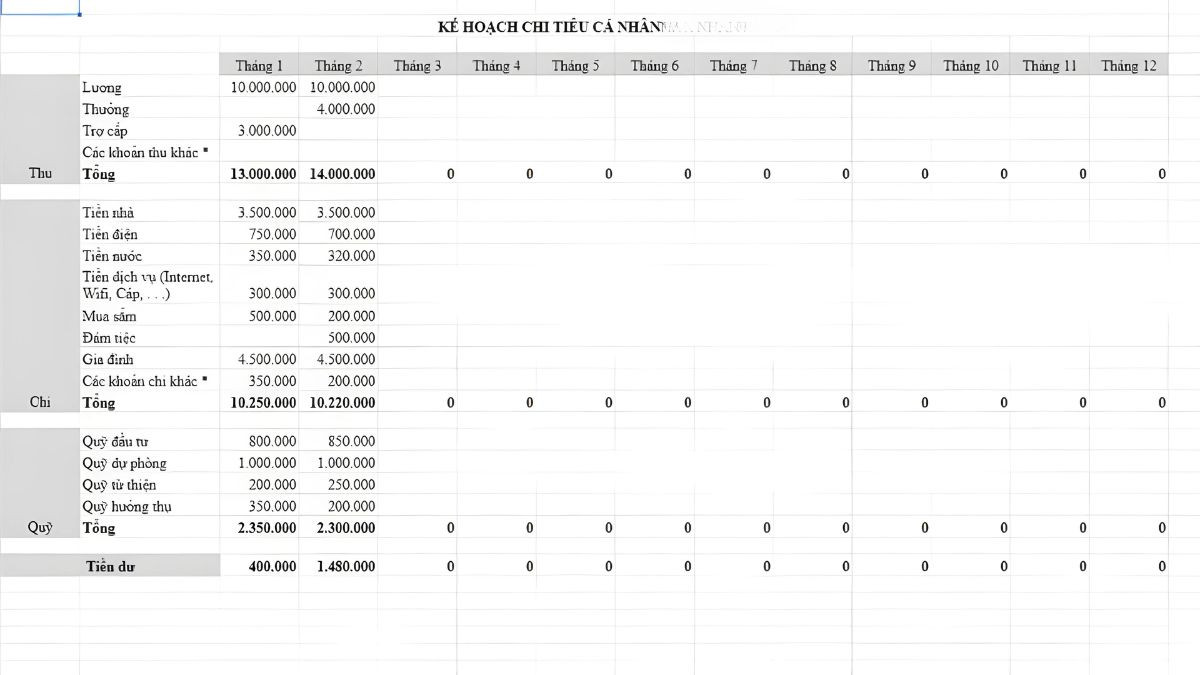 Mẫu lập bảng chi tiêu cá nhân Excel trong 1 tháng đơn giản