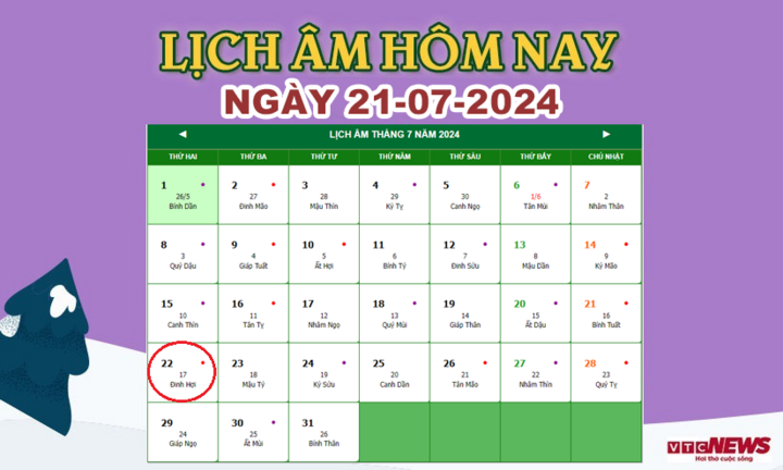 Lịch âm 21/7 - Âm lịch hôm nay 21/7 chính xác nhất - lịch vạn niên 21/7/2024