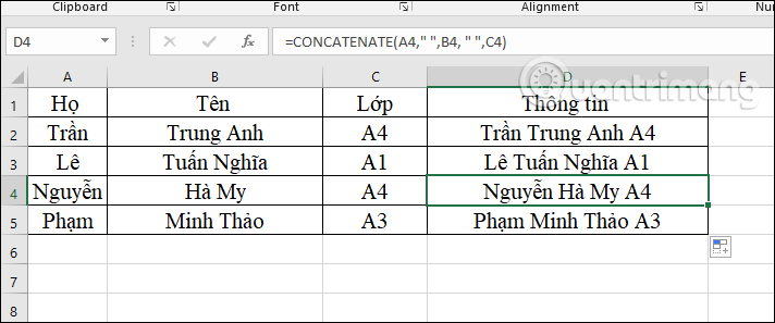 Cách gộp 2 cột Họ và Tên trong Excel không mất nội dung