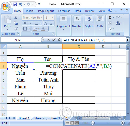 Cách gộp 2 cột Họ và Tên trong Excel không mất nội dung