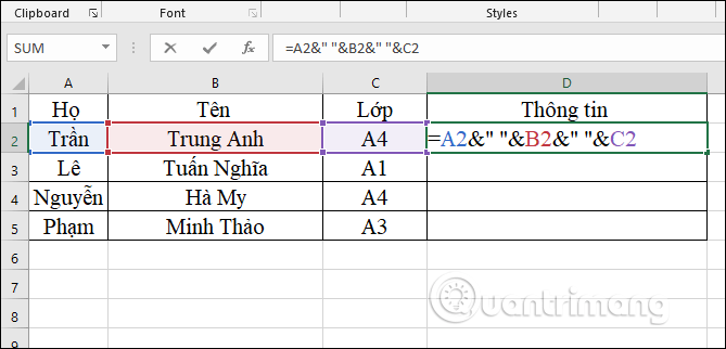 Cách gộp 2 cột Họ và Tên trong Excel không mất nội dung