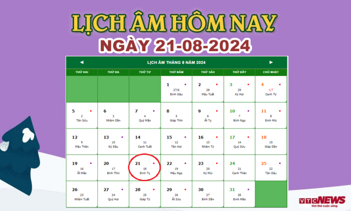 Lịch âm 21/8 - Âm lịch hôm nay 21/8 chính xác nhất - lịch vạn niên 21/8/2024