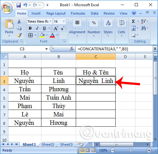 Cách gộp 2 cột Họ và Tên trong Excel không mất nội dung