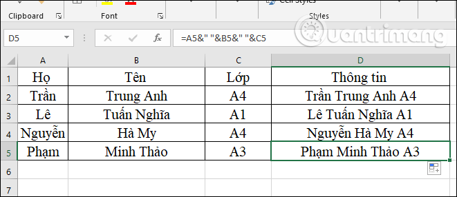 Cách gộp 2 cột Họ và Tên trong Excel không mất nội dung