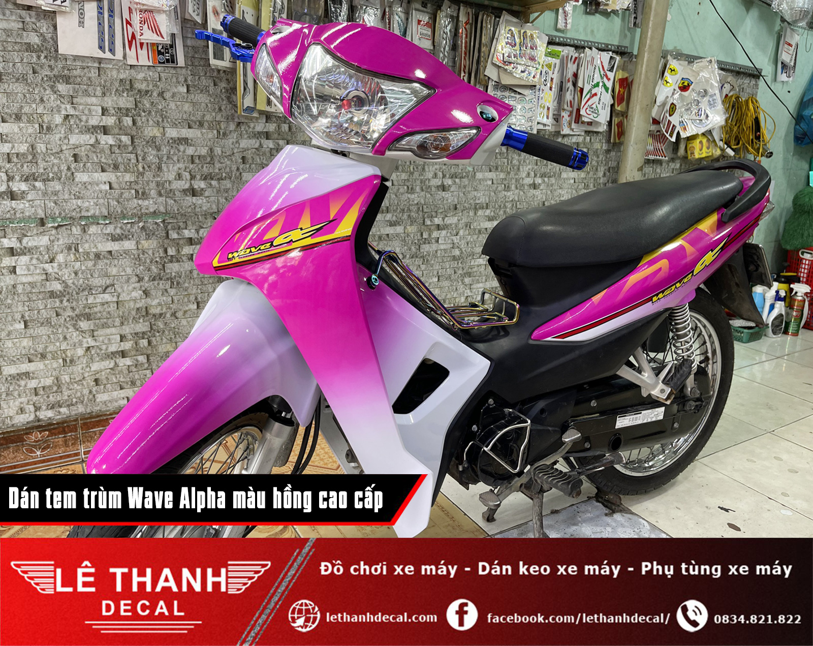 Dán tem trùm xe máy Honda Wave Alpha 110cc màu hồng cute