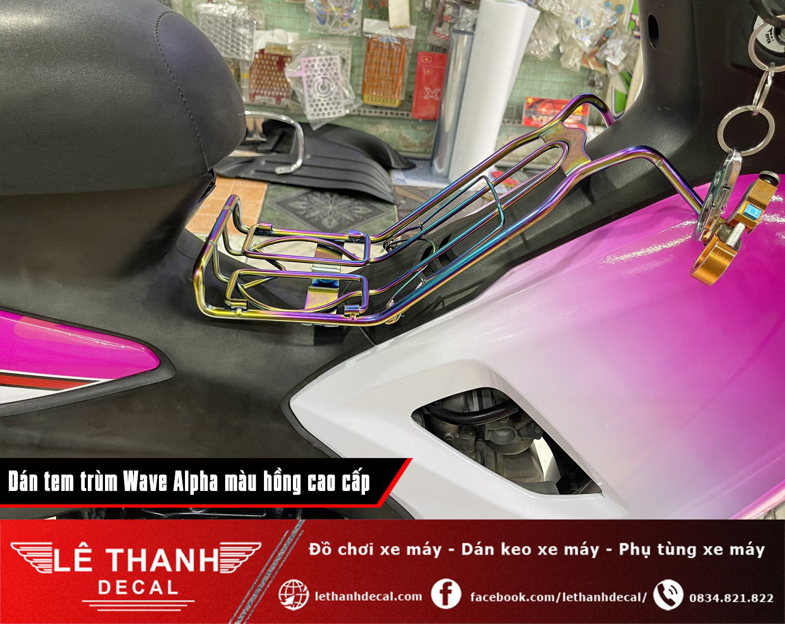 Dán tem trùm xe máy Honda Wave Alpha 110cc màu hồng cute