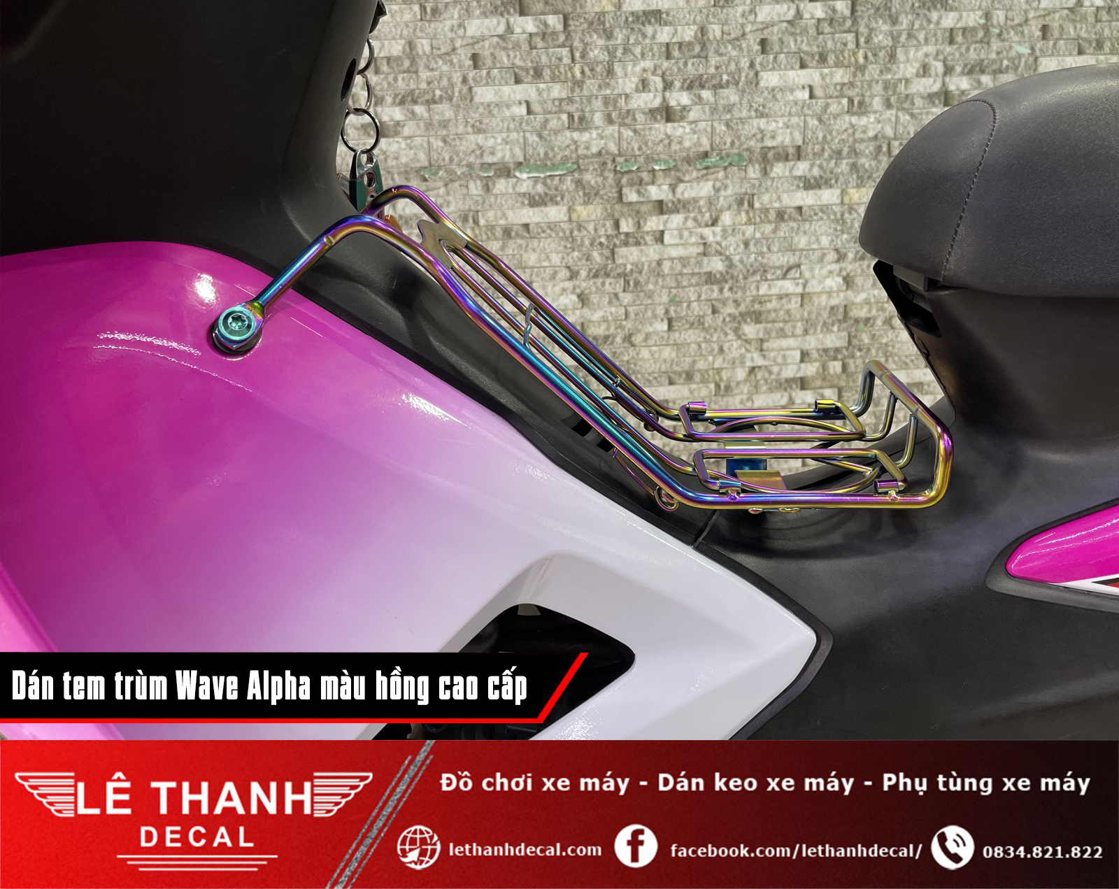 Dán tem trùm xe máy Honda Wave Alpha 110cc màu hồng cute