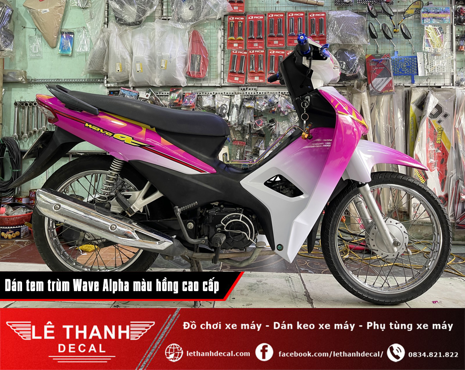 Dán tem trùm xe máy Honda Wave Alpha 110cc màu hồng cute