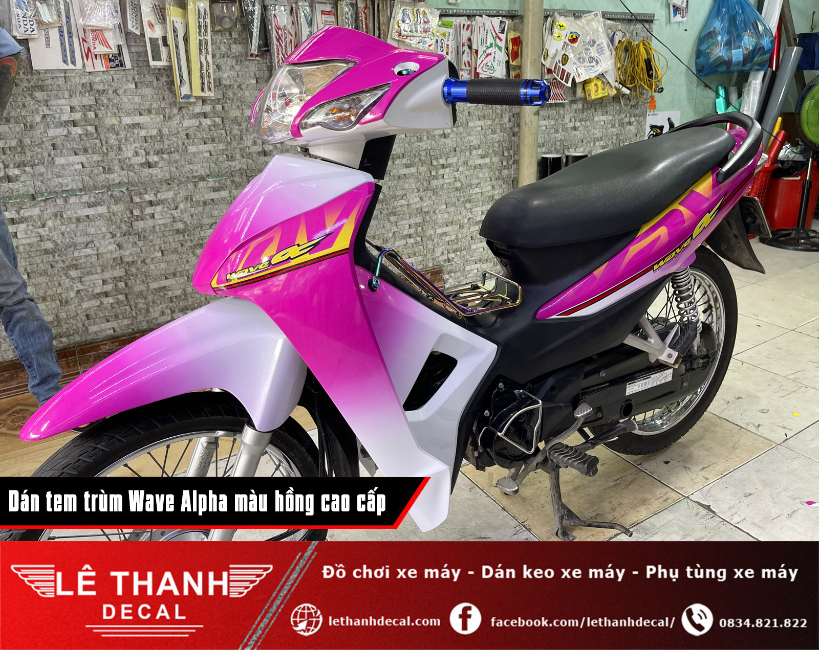 Dán tem trùm xe máy Honda Wave Alpha 110cc màu hồng cute