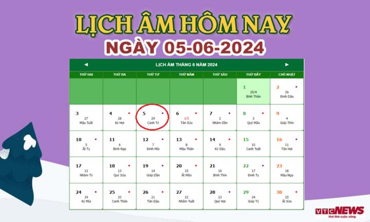 Lịch âm 5/6 - Âm lịch hôm nay 5/6 chính xác nhất - lịch vạn niên 5/6/2024